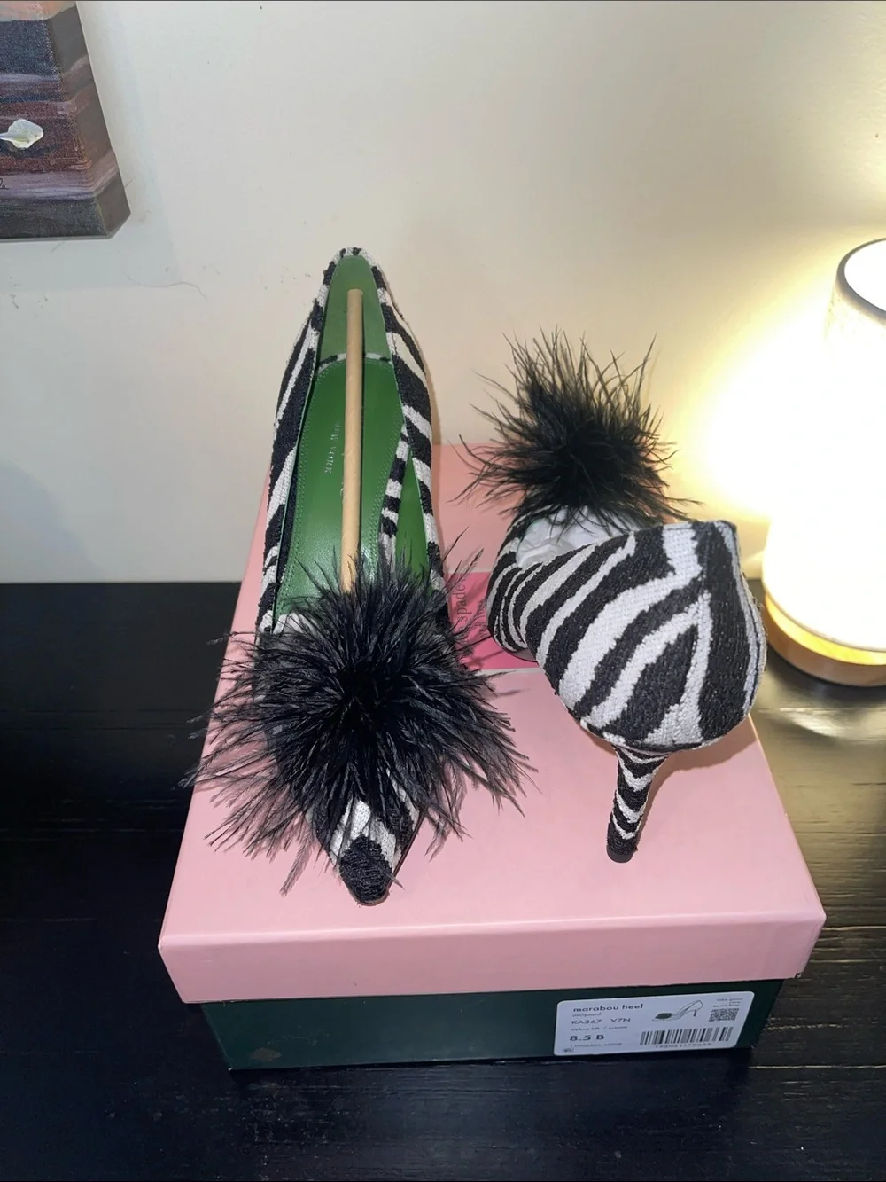 Kate Spade Zebra Print Feather Pom-Pom Pumps - Black & Cream